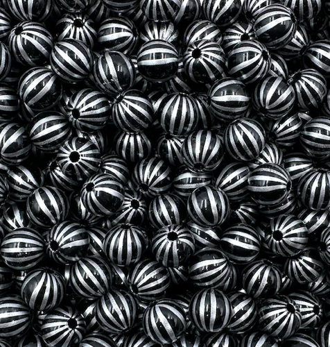 12mm Black & Silver Pin Striped Acrylic Beads