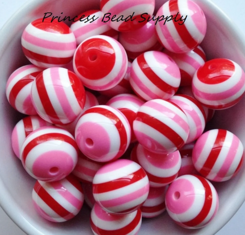 20mm Red & Pink Valentine's Day Striped Chunky Beads
