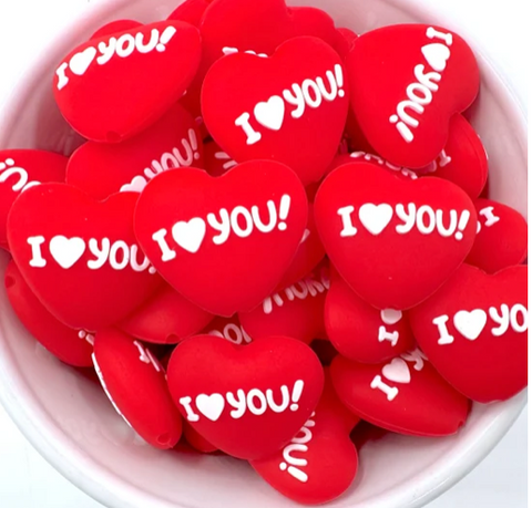 I Love You Heart Silicone Focal Beads--Red