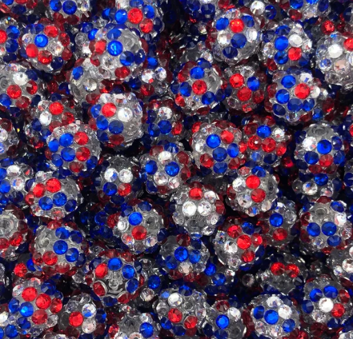 12mm Red, Silver and Blue Rhinestone Acrylic Beads