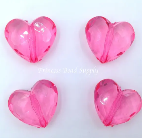 25mm Faceted Transparent Heart Chunky Beads--Hot Pink