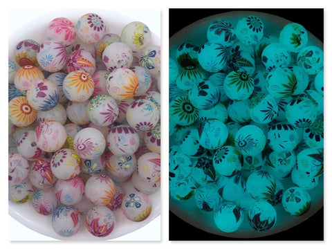 15mm Flower Print Glow in the Dark Silicone Beads
