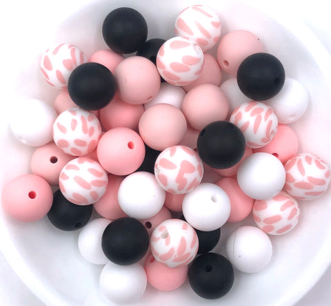 Pink Cow Silicone Bead Mix,  50 or 100 BULK Round Silicone Beads