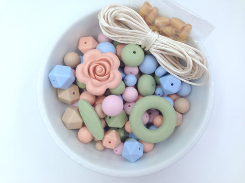 Powder Pink, Peach, Baby Blue, Oatmeal and Sage Bulk Silicone Bead Mix