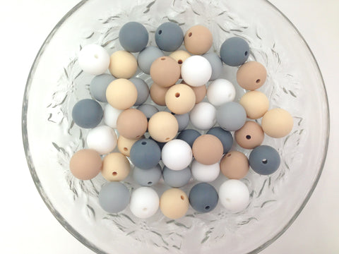 White, Beige, Oatmeal and Gray Mix, 50 or 100 BULK Round Silicone Beads