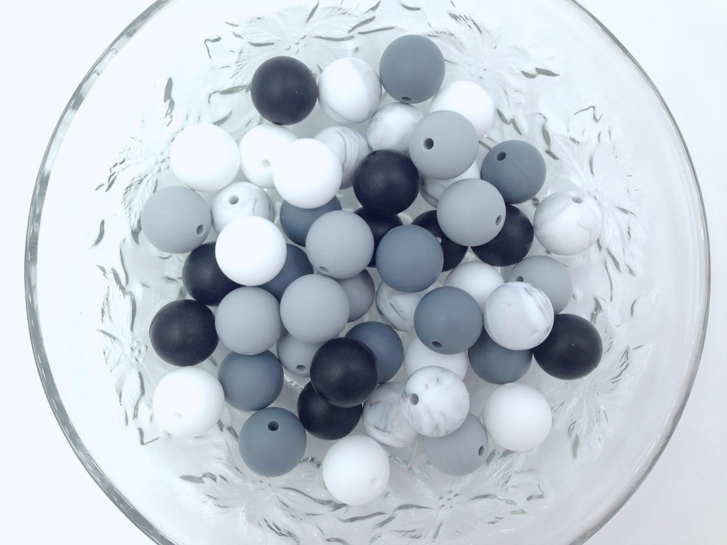 Black, Gray and White Mix, 50 or 100 BULK Round Silicone Beads