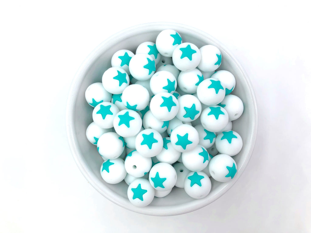 SALE!   15mm White and Turquoise Star Silicone Beads