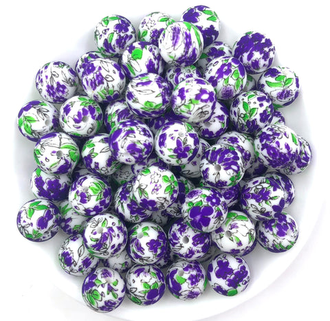 Purple Flower Print Silicone Beads--15mm