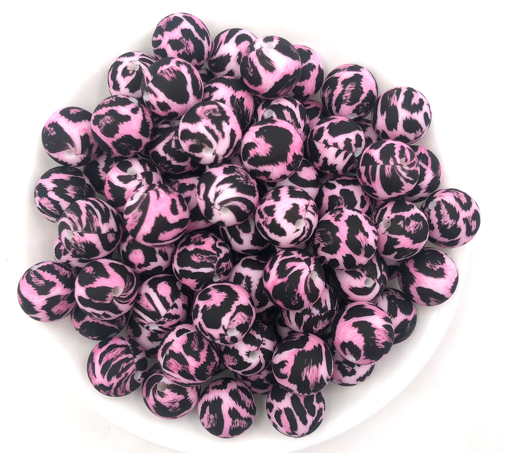 Pink Leopard Print Silicone Beads--15mm