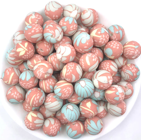 Vintage Flower Print Silicone Beads--15mm