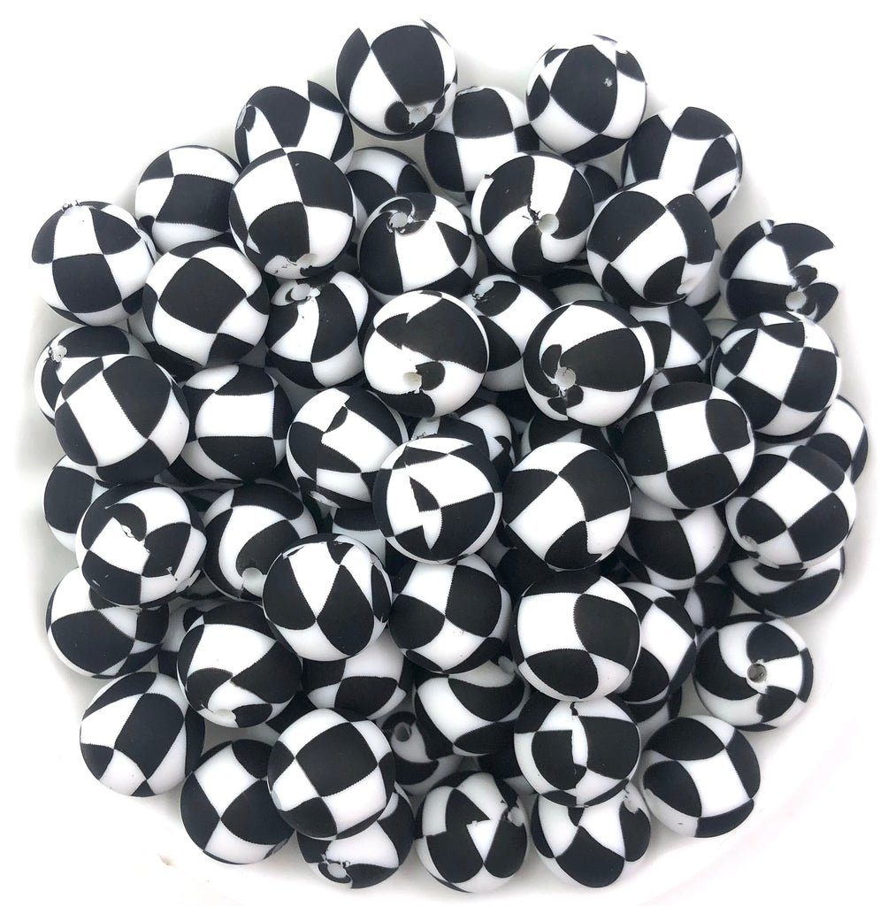 Black & White Checkered Print Silicone Beads--15mm