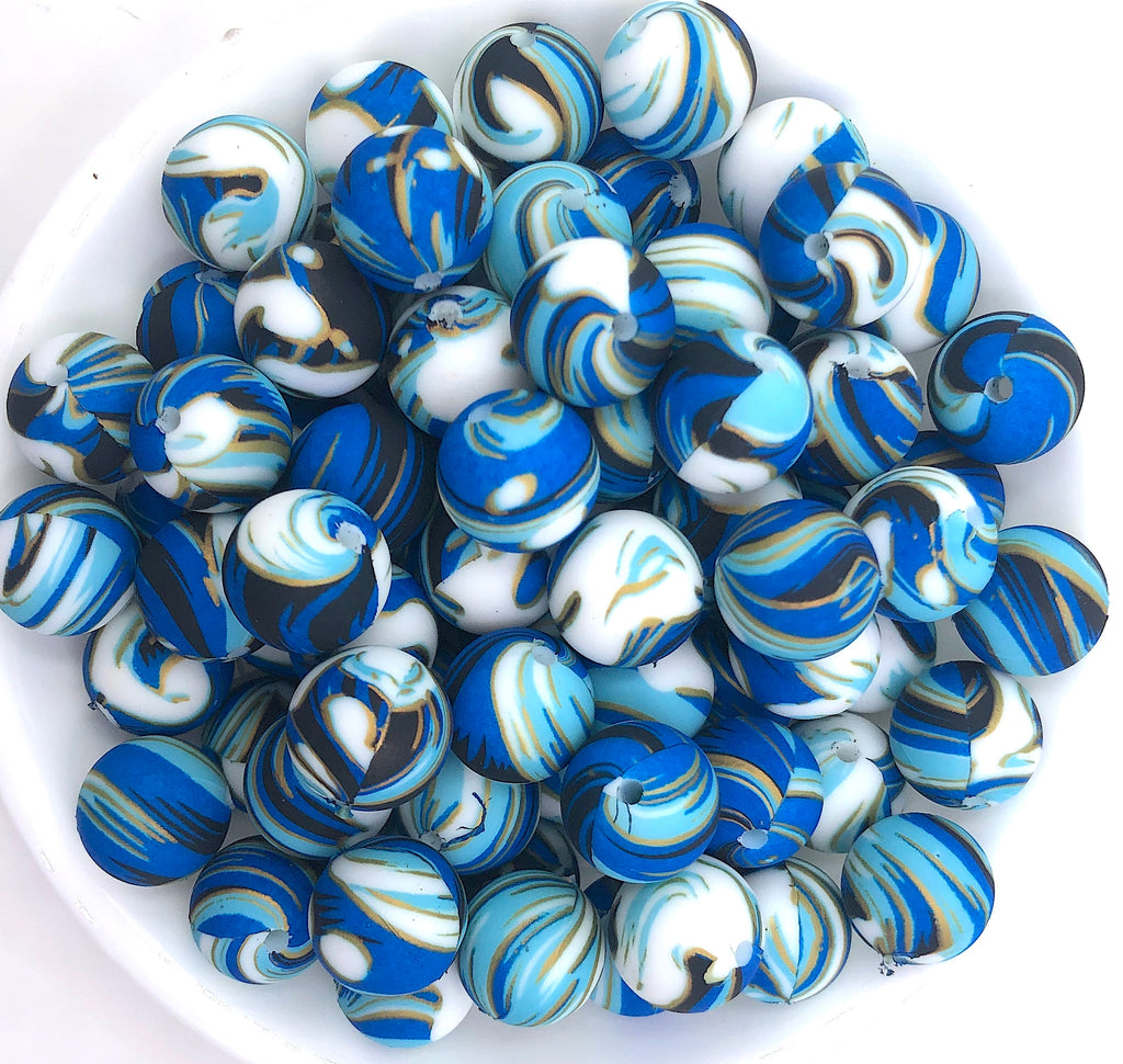 Blue Wave Print Silicone Beads--15mm