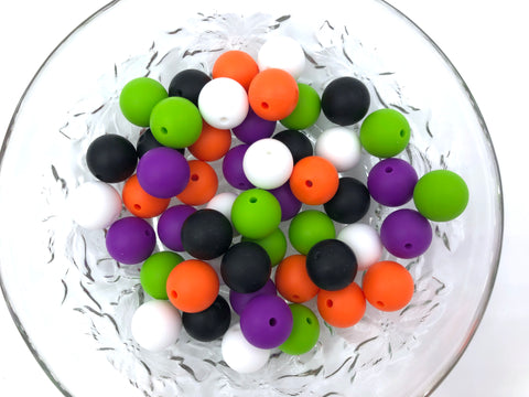 White Orange, Green, Purple and Black Halloween Mix, 50 or 100 BULK Round Silicone Beads