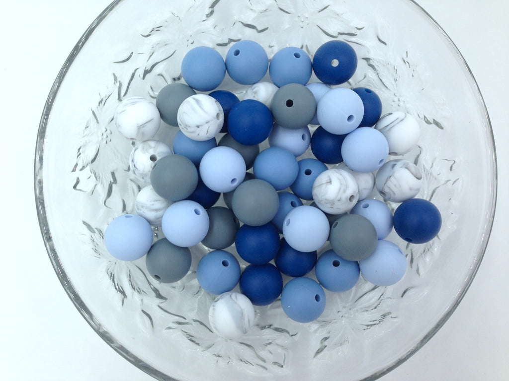 Shades of Blue, Marble & Gray 50 or 100 BULK Round Silicone Beads