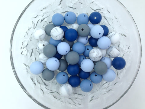 Shades of Blue, Marble & Gray 50 or 100 BULK Round Silicone Beads