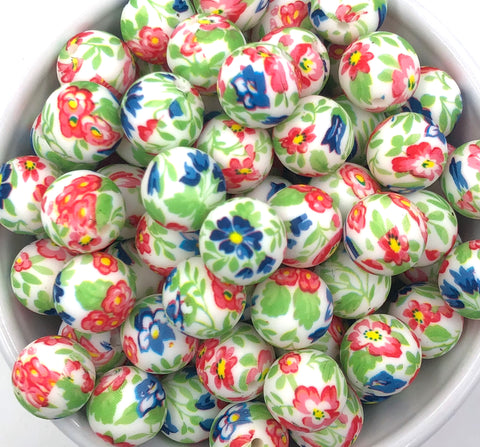 15mm Flower Print Silicone Beads--Red, Blue & Green Flower Beads