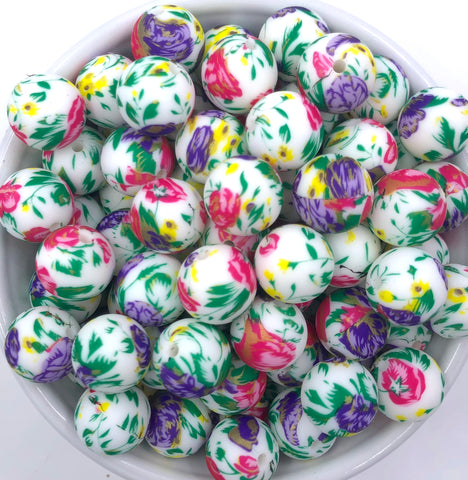 15mm Flower Print Silicone Beads--Pink, Yellow, Purple