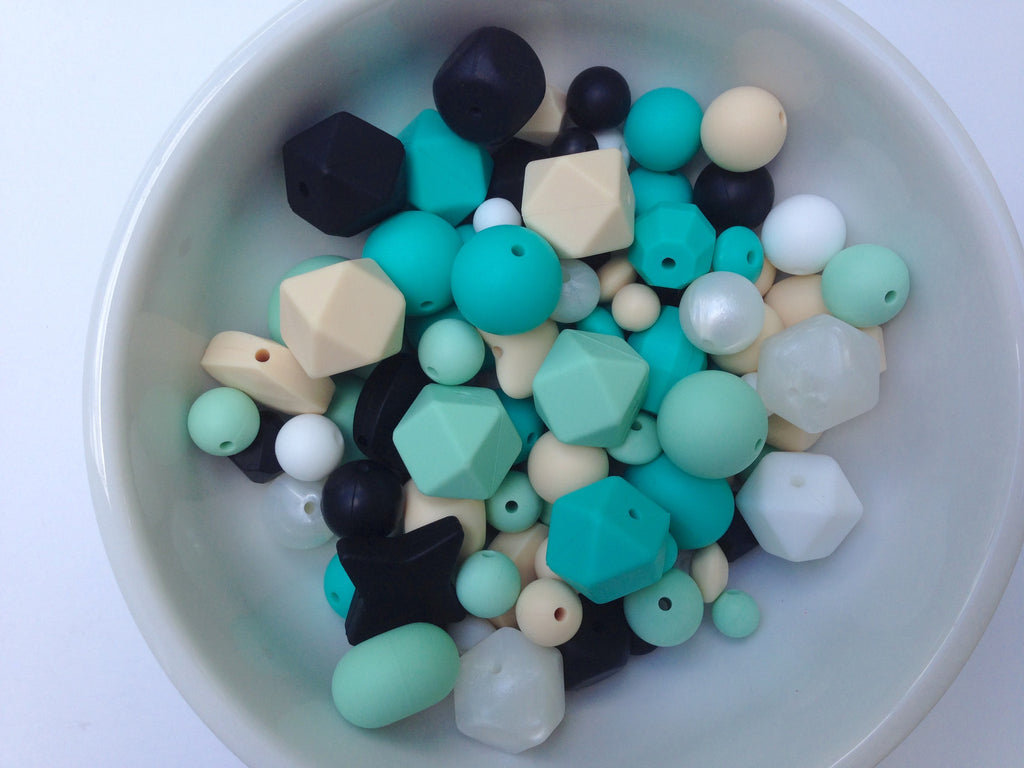 Mint, White, Beige, Black & Turquoise Bulk Silicone Bead Mix