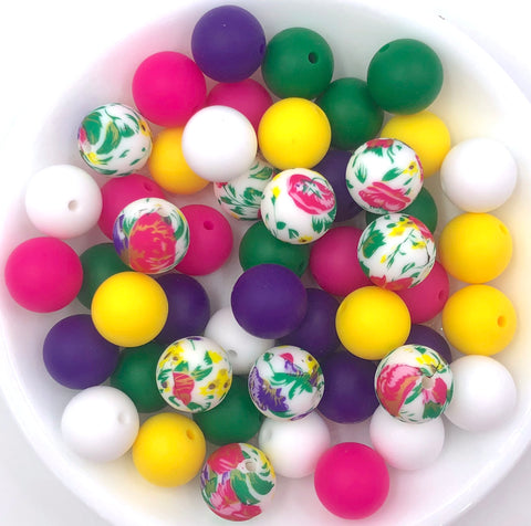 Pink, Yellow & Purple Flower Mix Silicone Bead Mix,  50 or 100 BULK Round Silicone Beads