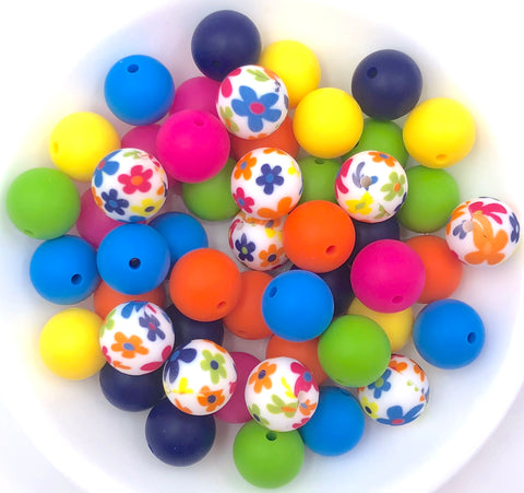 Colorful Flower Mix Silicone Bead Mix,  50 or 100 BULK Round Silicone Beads