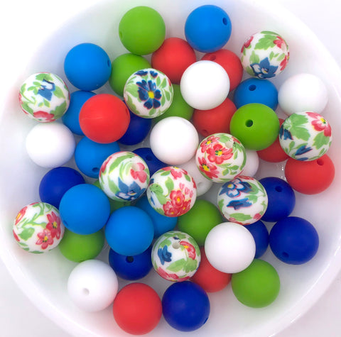 Blue, Red & Green Flower Mix Silicone Bead Mix,  50 or 100 BULK Round Silicone Beads