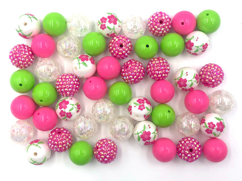 20mm Pink & Lime Green Flower Bulk Chunky Bead Mix