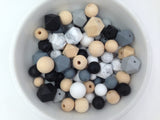 White, Black, Gray, Marble and Light Gray Silicone and Wood Bead Mix