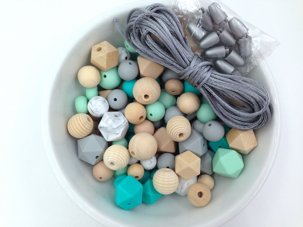 Turquoise, Mint, Oatmeal, Marble and Light Gray Silicone and Wood Bead Mix