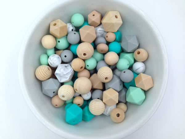 Turquoise, Mint, Oatmeal, Marble and Light Gray Silicone and Wood Bead ...