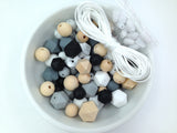 White, Black, Gray, Marble and Light Gray Silicone and Wood Bead Mix