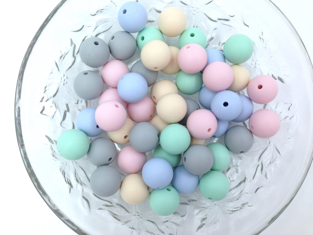 Beige, Pink, Mint, Blue & Gray 50 or 100 BULK Round Silicone Beads