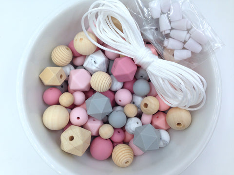 Shades of Pink, Marble and Light Gray Silicone and Wood Bead Mix