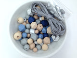 Shades of Blue, Oatmeal, Marble and Light Gray Silicone and Wood Bead Mix