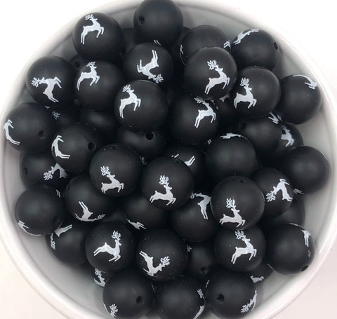 Black Reindeer Printed Silicone Beads--15mm