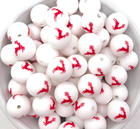 Red Reindeer Printed Silicone Beads--15mm