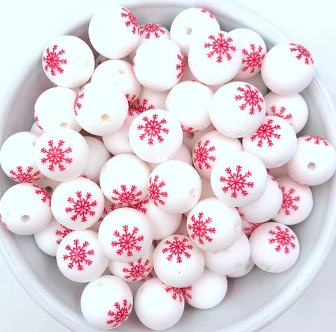 Red Snowflake Printed Silicone Beads--15mm