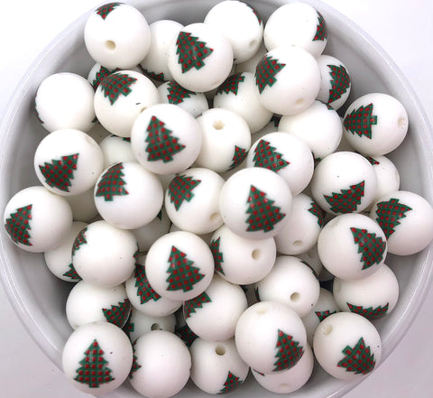 Green Christmas Tree Printed Silicone Beads--15mm