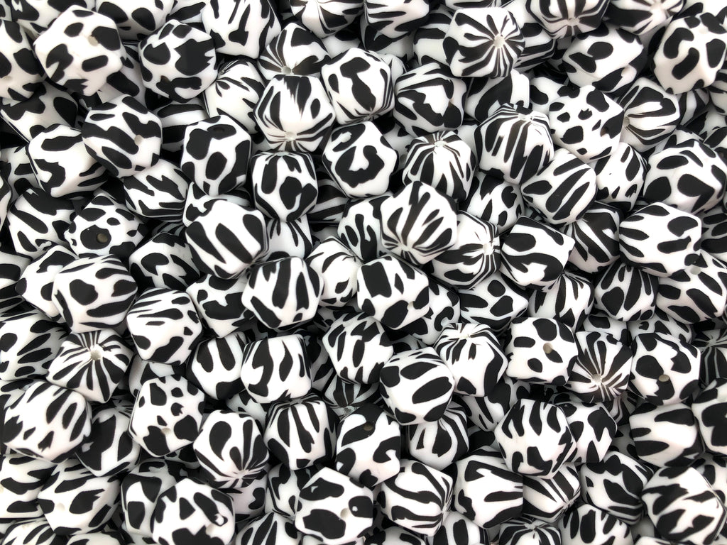 Cow Print Hexagon Silicone Beads--14mm