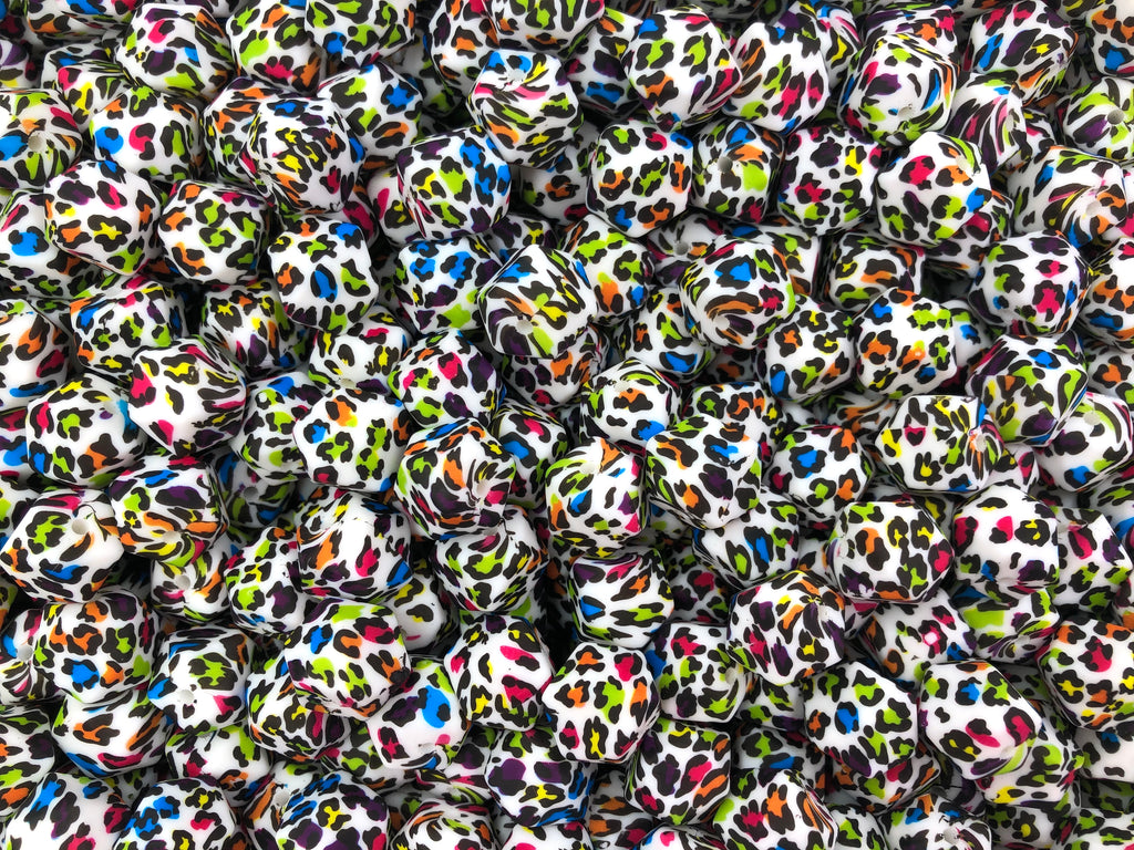 Rainbow Leopard Print Hexagon Silicone Beads--14mm