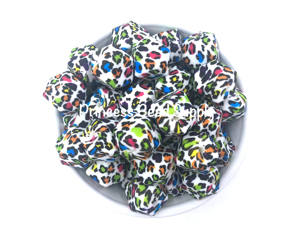 Colorful Rainbow Leopard Hexagon Silicone Beads--17mm