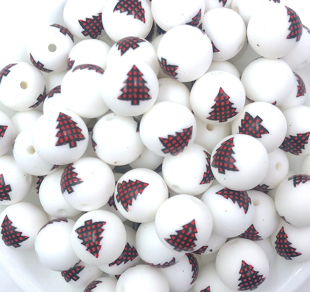 Red Plaid Christmas Tree Printed Silicone Beads--15mm