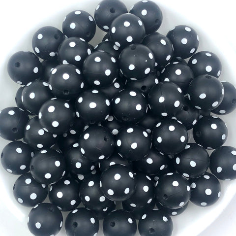 Black & White Polka Dot Printed Silicone Beads--15mm