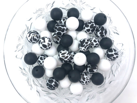 Black & White Cow Print Silicone Bead Mix,  50 or 100 BULK Round Silicone Beads