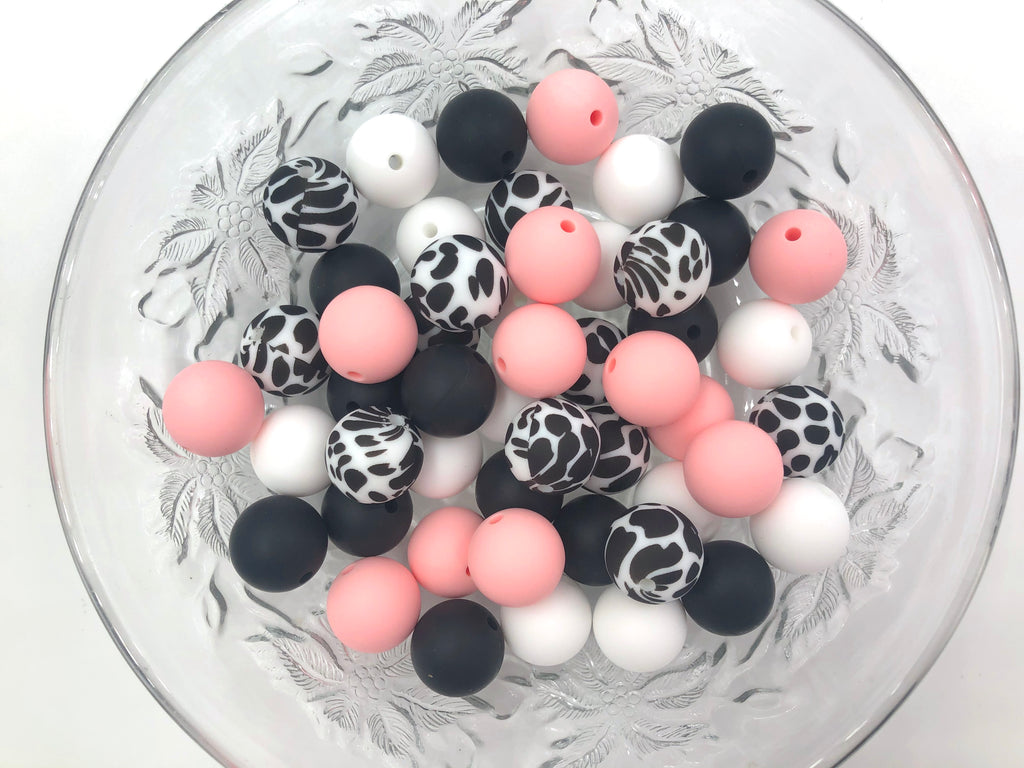 Cow Print Silicone Bead Mix,  50 or 100 BULK Round Silicone Beads