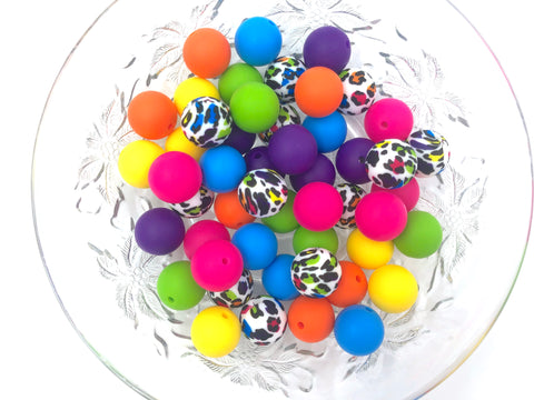 Colorful Leopard Silicone Bead Mix,  50 or 100 BULK Round Silicone Beads