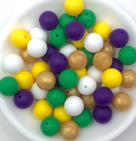 Silicone Bead Mix,  50 or 100 BULK Round Silicone Beads--Yellow, Kelly Green, Metallic Gold, White and Purple Passion