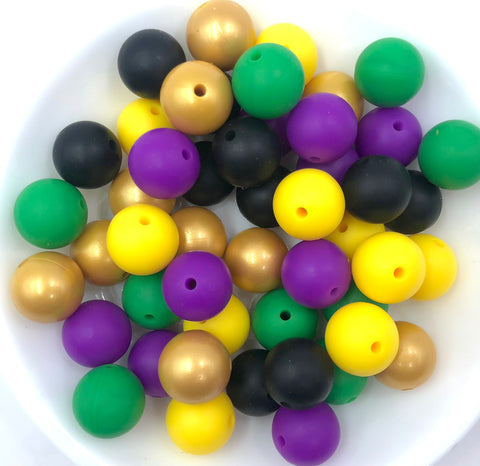 Silicone Bead Mix,  50 or 100 BULK Round Silicone Beads--Yellow, Kelly Green, New Gold, Black, Royal Purple