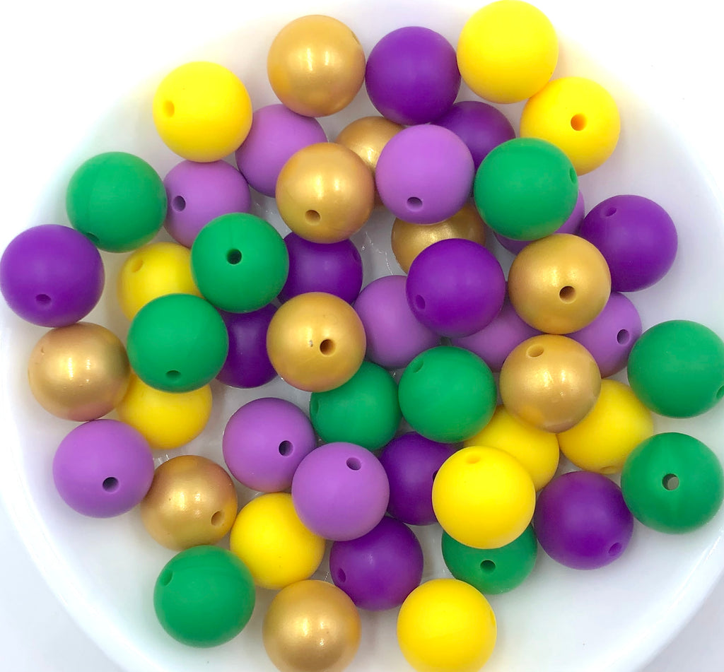 Mardi Gras Silicone Bead Mix,  50 or 100 BULK Round Silicone Beads--Yellow, Kelly Green, New Gold, Royal Purple and Lavender Purple