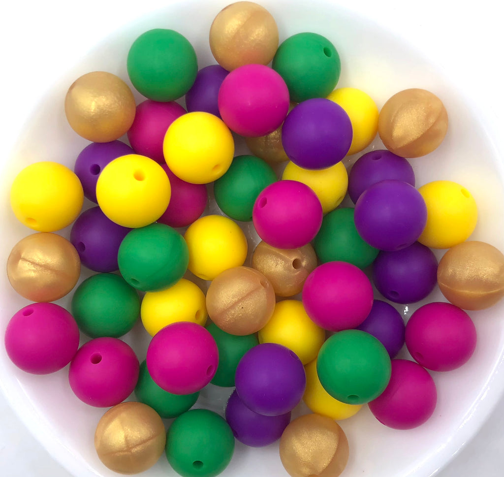 Mardi Gras Silicone Bead Mix,  50 or 100 BULK Round Silicone Beads--Yellow, Kelly, Hot Pink, Metallic Gold, Royal Purple