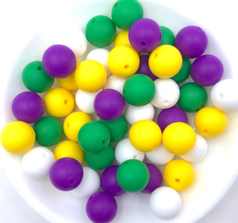 Silicone Bead Mix,  50 or 100 BULK Round Silicone Beads--White, Kelly Green, Yellow, Royal Purple